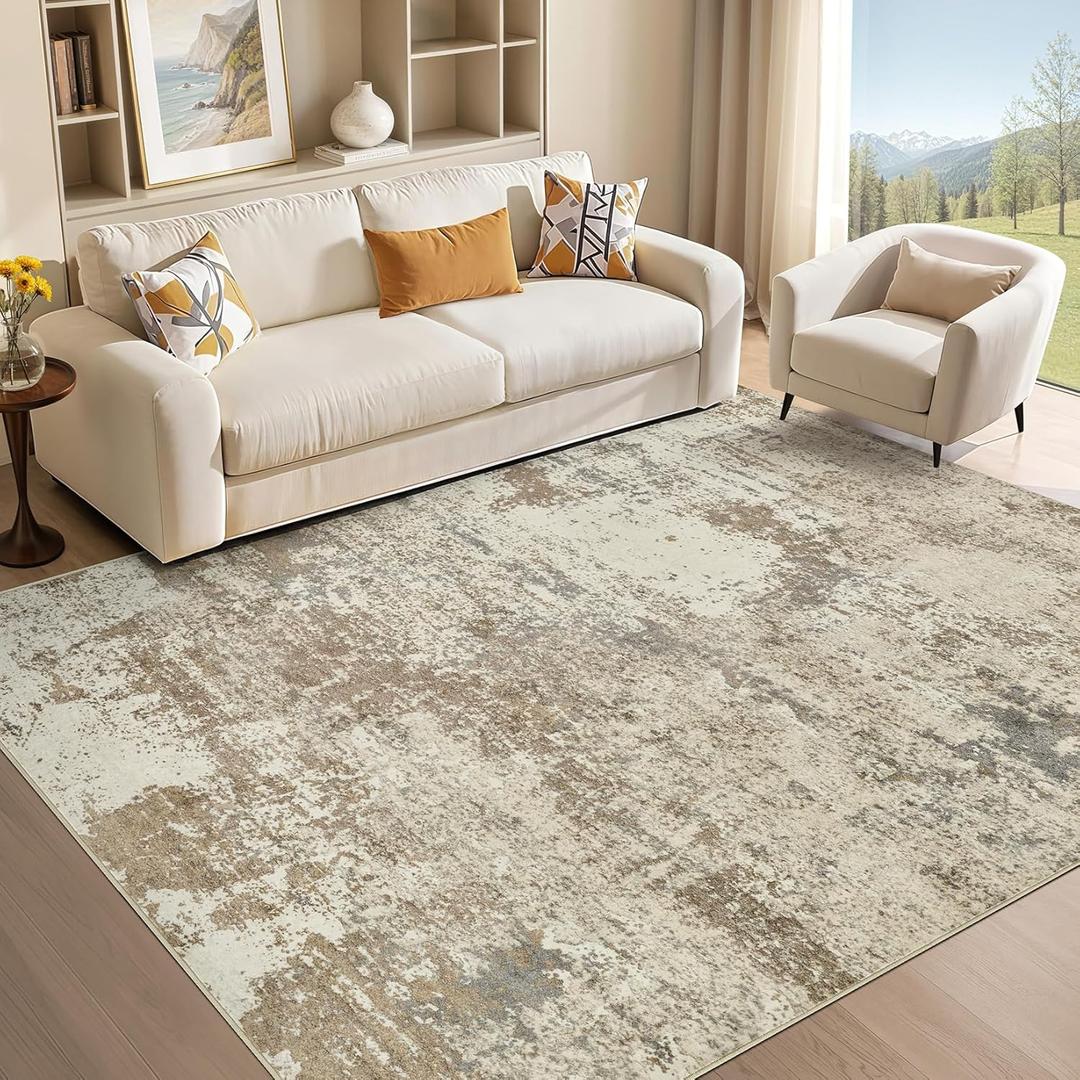Area Rug Living Room - 5X7 Abstract Washable Large Soft Foldable Non Slip Rug Neutral Modern Low Pile Carpet for Bedroom Nursery Dining Room Kitchen Home Office Indoor - Khaki