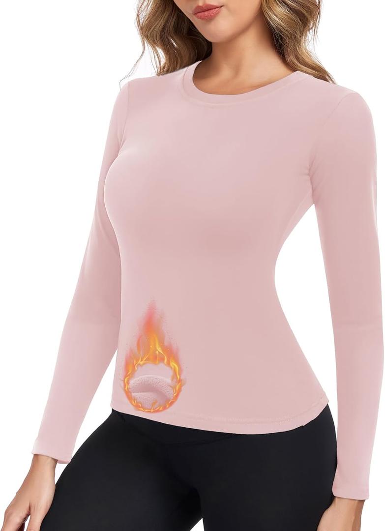 Thermal Underwear Tops for Women Long Sleeve Crewneck Shirts - Fleece Lined Soft Stretch Fitted Baselayer for Winter (Pink)