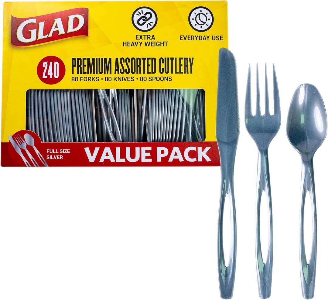 Glad Plastic Heavy Duty Silver Cutlery - Mixed Forks, Knives, and Spoons - Set of Sturdy, Durable Disposable Party Utensils, 240 Count Glad Plastic Heavy Duty Silver Cutlery - Mixed Forks, Knives, and Spoons - Set of Sturdy, Durable Disposable Party Utensils, 240 Count