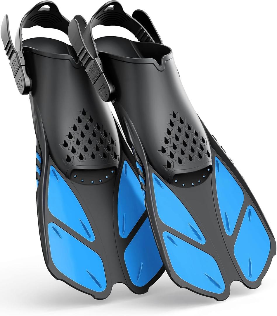 Greatever Snorkel Fins Adjustable Buckles Open Heel Swim Flippers Travel Size Short Swim Fins for Snorkeling Diving Swimming Adult Men Womens (Bright Blue, L/XL (Adult US Size 9-13))