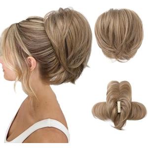 HOOJIH Ponytail Extension, Claw Clip in Straight Hair Bun Messy Bun 9 Inch Short Ponytail with Bendable Metal Wire Hair Pieces for Women Fake Hair Bun DIY Styles - Deep Blonde and Light Blonde mixed