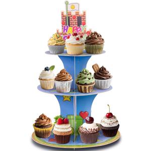 Oture Game Cupcake Stand, 3 Tier Cupcake Tower Cardboard Dessert Display Holder Tray for Kids Birthday Party Theme Party Decoration Supplies Video Game Theme Supplies