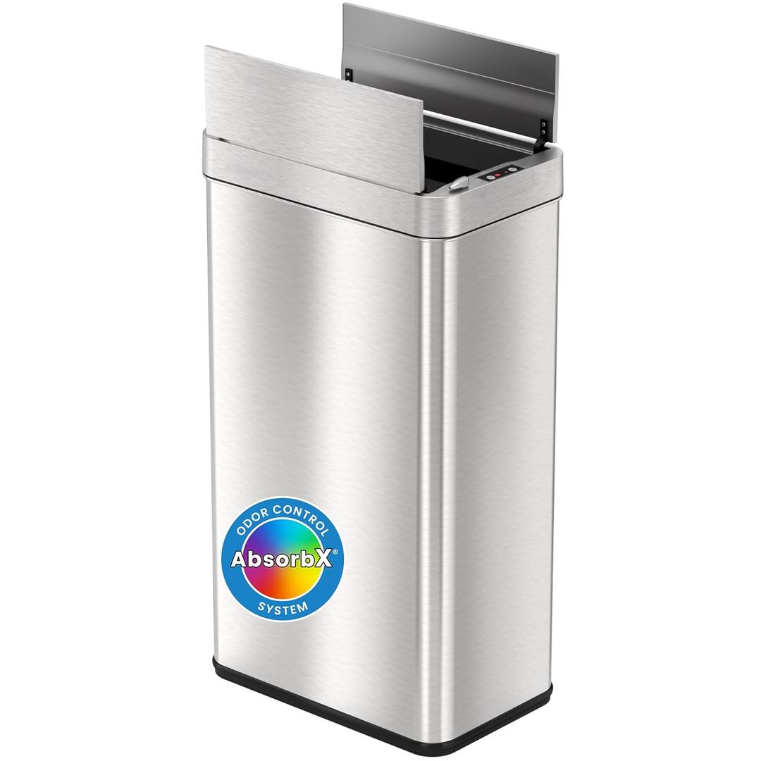 iTouchless 18 Gallon Wings Open Kitchen Trash Can with Lid and Odor Filter, Dog Proof Lid Lock 68 Liter Slim Stainless Steel Garbage Bin Home Office Bedroom Living Room Large Capacity Wastebasket (Brushed Silver)