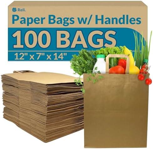 Reli. Paper Grocery Bags w/Handles (100 Pcs, Bulk)(12"x7"x14") Large Paper Grocery Bags with Handles - Heavy Duty 57 Lbs Basis - Shopping, Takeout/To Go, Retail (Brown/Kraft)