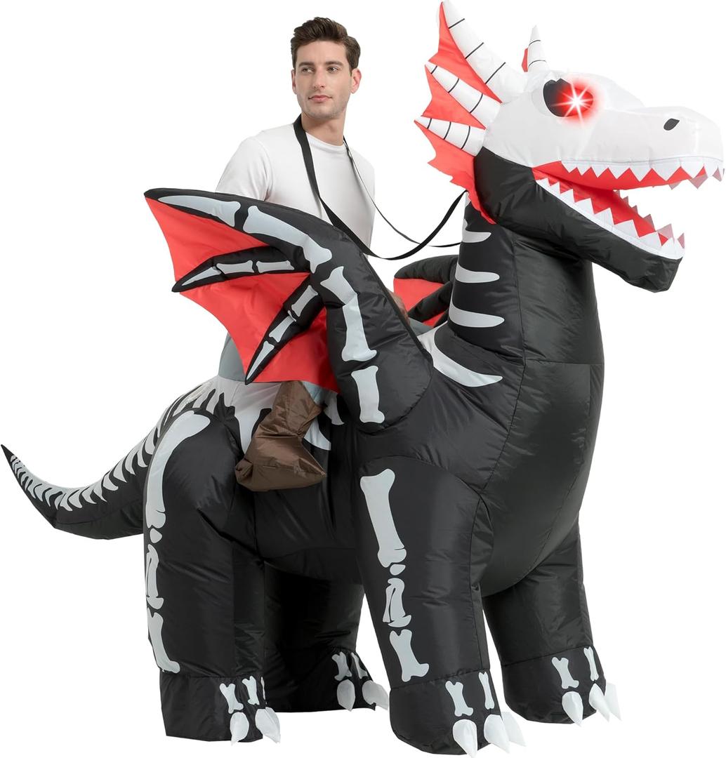 One Casa Inflatable Costume Adult,Blow Up LED Light Eyes Skeleton Dragon Suit,Ride On Halloween Costumes for Men Women