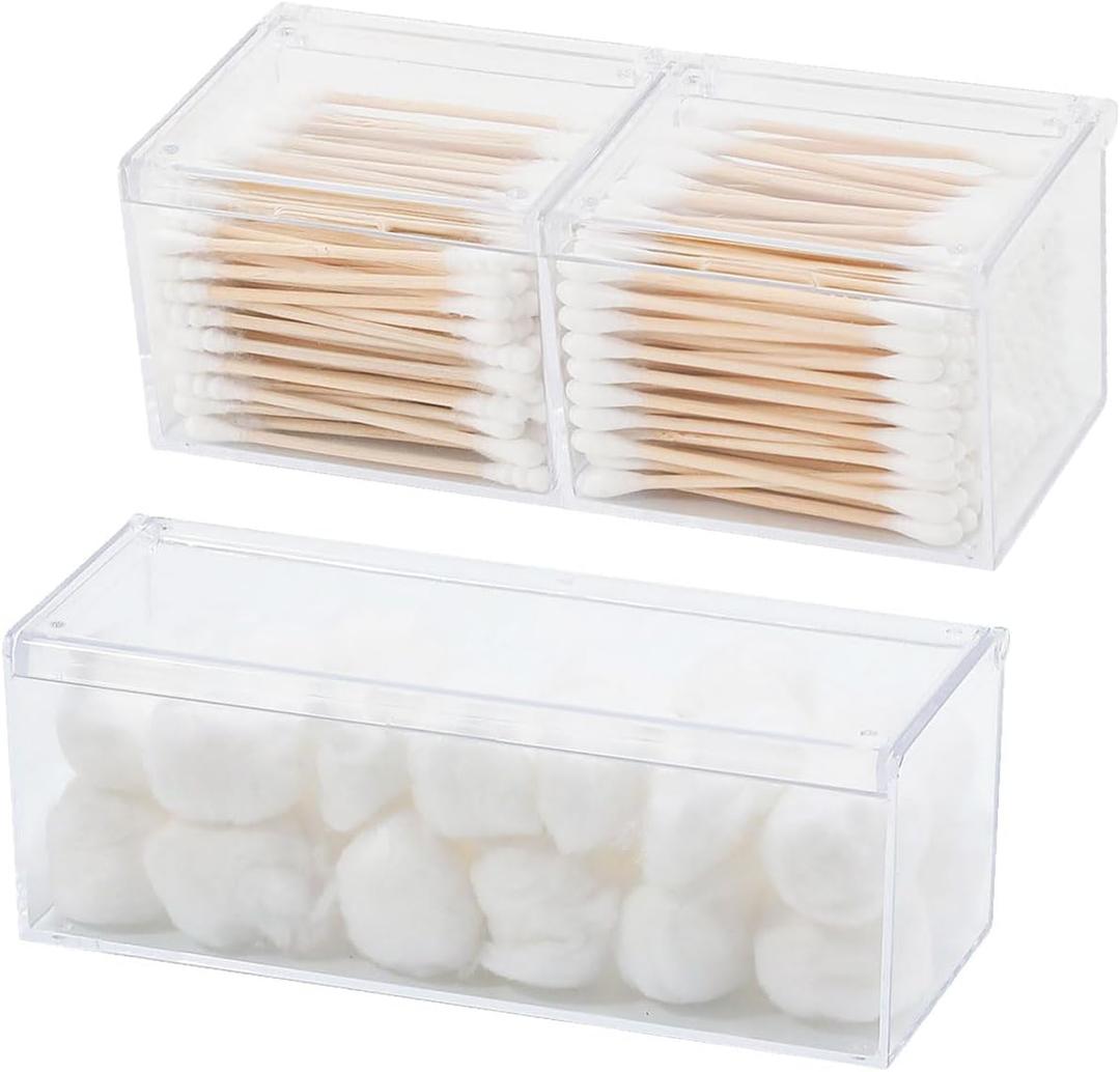 2 Pack Qtip Holder Dispenser with Lid , Plastic Bathroom Vanity Canister for Counter, Drawer and Cabinet Use, Cotton Balls, Makeup Pads, Floss Picks, Clear Desk Container