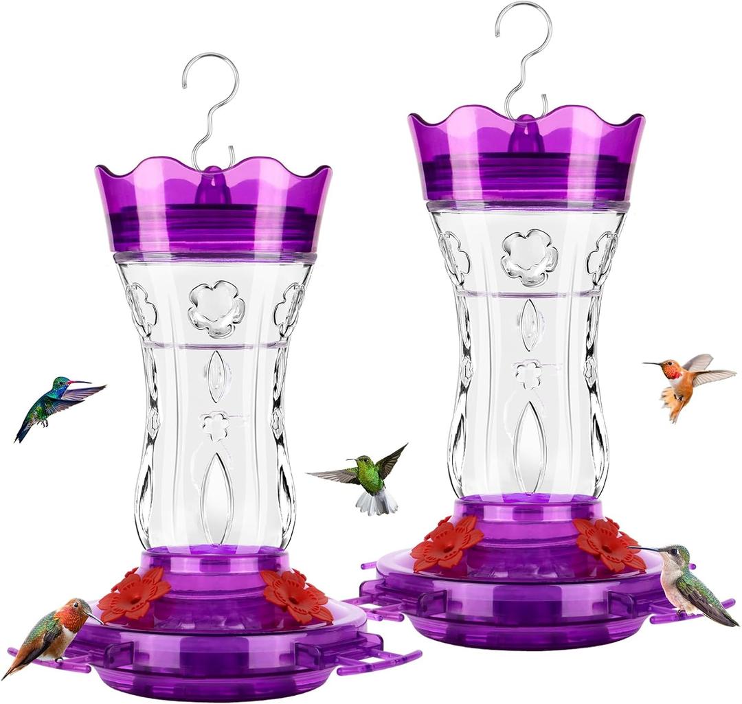 2 Pack Hummingbird Feeders for Outdoors, Built-in Ant Moat & Leakproof, XAROO Glass Hummingbird Feeder with 4 Bee Guard Feeding Ports, Outdoor Garden Dcor, 15OZ, Purple