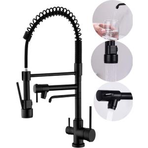 Delle Rosa Kitchen Faucet,3 Way Drinking Water Faucet, Modern Kitchen Faucet with Pull Down Sprayer, Dual Handles Kitchen Sink Faucets,3 in 1 High Arc Water Filter Purifier Faucets Matte Black