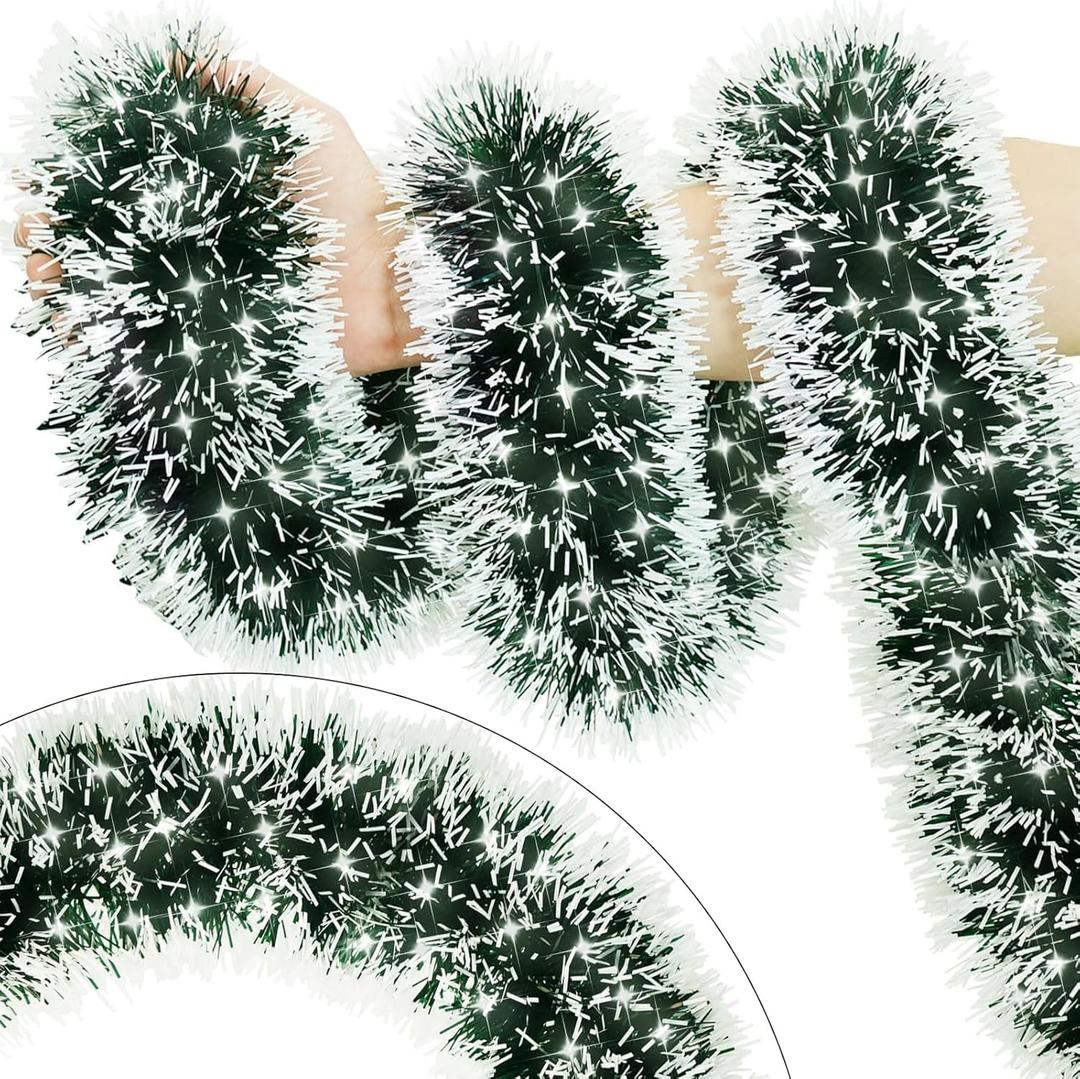 33FT Green Tinsel Christmas Garland Metallic Twist Shiny Garland for Christmas Tree Decorations, Xmas Holiday Hanging Garland for Home Indoor Outdoor Party Supplies Decor (Green, White)