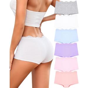 UNDER THE SEA Boy Shorts Underwear for Women Cotton Boxer Briefs Full Covreage Lace Boyshort Womens Panties 6 Pack (Medium)