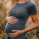 Huukeay 4 Pack Women's Maternity Shirts, Crew Neck Maternity Top Short Sleeve Casual Cotton Tee Side Ruched Pregnancy Clothes (Large, Black, Pink, Light Blue, Dark Gray)