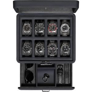 ROTHWELL 8 Slot Leather Watch Box with Valet Drawer - Luxury Case Display Jewelry Organizer, Locking Display Case Holder with Real Glass Top - Watch Box Organizer for Men & Women (Carbon)