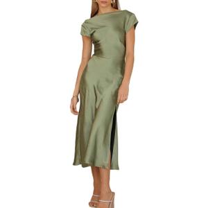 Women's Summer Satin Elegance Backless Twist Cap Sleeves Midi Dress 2026 Sexy Cowl Neck Slit Cocktail Wedding Guest Dresses (Green, XS)