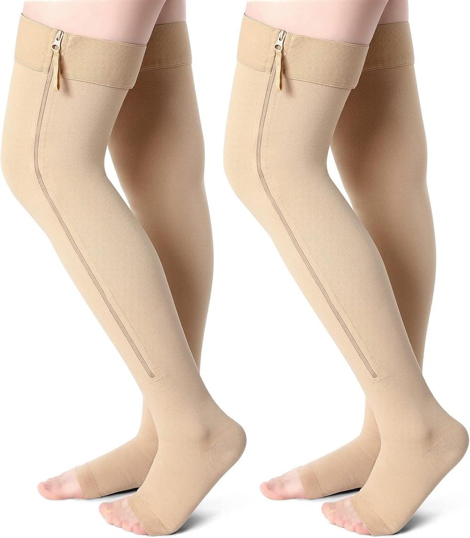 2 Pairs Open Toe Thigh High Zipper Compression Socks 20-30 mmHg Zipper Compression Stockings for Women Men Swelling Edema (Skin Color, Large)