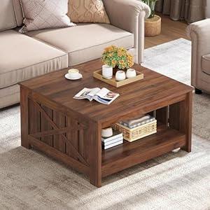 YITAHOME Farmhouse Coffee Table with Storage, Coffee Tables for Living Room Rustic Wood Cocktail Table, Square Coffee Table for Living Meeting Room with Half Open Storage Compartment, Walnut