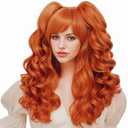 Long Ginger Wig for Women Lolita Auburn Culry wig with 2 Ponytails Clip On Synthetic Cosplay Wig with Bangs