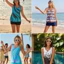 Hanna Nikole Women 2 Piece Tankini Swimsuits, Modest Bathing Suit, Beads V Neck Swimwear with Sporty Swim Shorts Pockets (Blue, L)