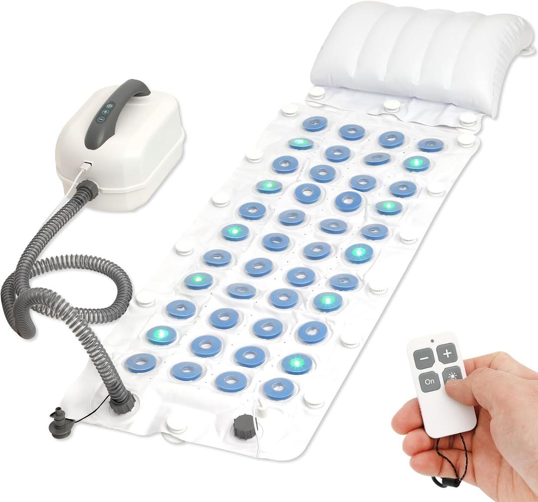 Bubble Bath Mat for Bathtub Spa, Full Body Hydrotherapy Massager with 6 Bubble Speeds & 6-Color LED Lights, Non-Slip Suction Cups, Remote Control & Inflatable Bath Pillow for Stress Relief, 48.8" x 16.1"