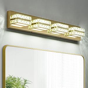 Crystal Vanity Lights LED Bathroom Vanity Light Fixture Over Mirror Modern Indoor Gold Lamp, 6000K Cold White Dimmable, 4-Lights, 24W, ETL Listed