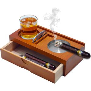 Ashtray, Wooden Ashtray With Cutters, Including Mobile Phone Tablet Holder, Cigar Drawer And Cigar Slot, The Perfect Accessory Set For Men (Dad/Husband/Birthday)