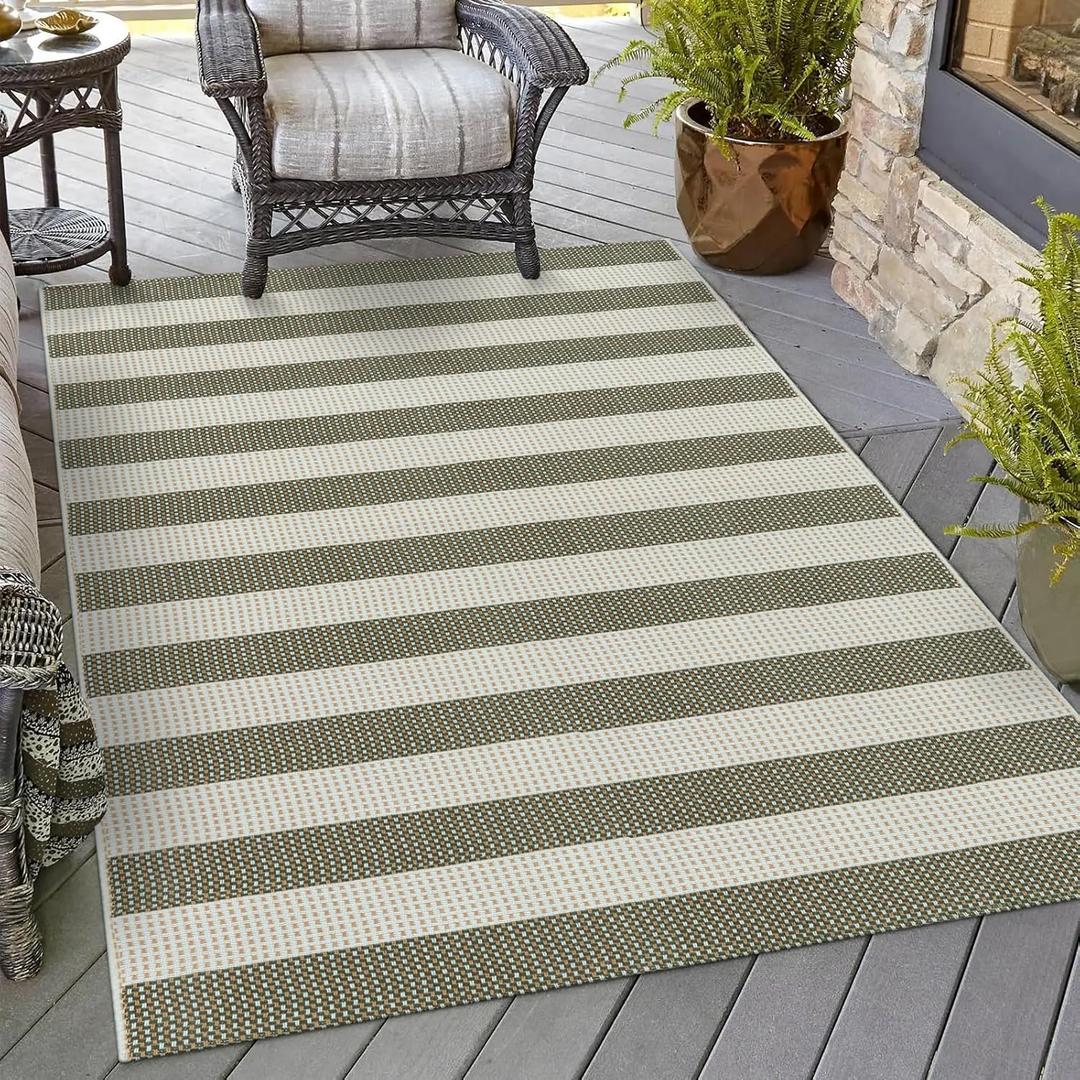 OJIA Striped Outdoor Area Rug 4'x6' Washable Patio Rugs Cotton Woven Living Room Rug Farmhouse Indoor Outdoor Rugs Large Floor Carpet for Courtyard/Bedroom/Entryway (Green/White/Tan)