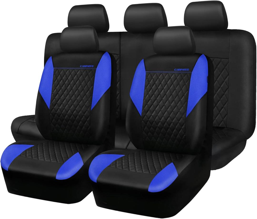 CAR PASS Leather Seat Covers-Universal Quilting Car Seat Cover with 5mm Composite Sponge Inside,Airbag Compatible,Front and Rear Seat Covers for Most Sedan,SUV,Van,Truck(Full Set,Blue)