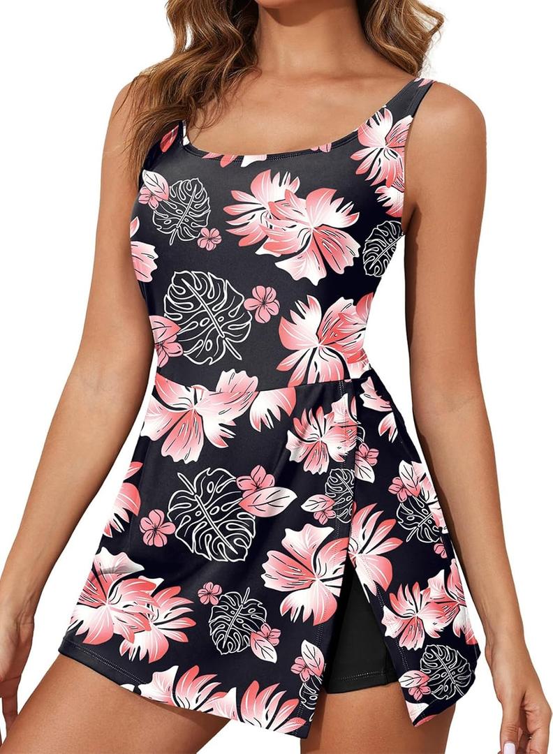 Aleumdr One Piece Swimdress Swimsuit for Women Tummy Control Split Swim Dress Skirt Bathing Suit with Pockets Floral Black Large