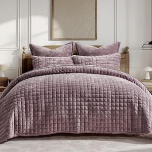 RECYCO Luxury Velvet Quilt Set Full Queen Size Bedding Sets, Ultra Soft Velvet Comforter Set, Lightweight Channel Box Stitch Oversized Bedspread Coverlet for All Season, with 2 Shams, Purple