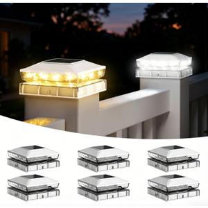 Solar Post Cap Lights Outdoor, 6 Pack Upgraded Waterproof Deck Fence Post Solar Lights for 3.5x3.5 4x4 5x5 Vinyl/Wood Posts, 10-12 Hours Warm/Cool White Glow for Garden/Patio/Porch - White