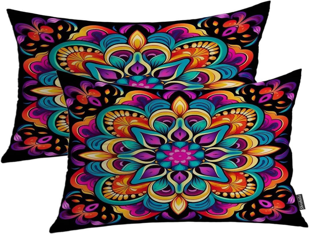 Shrahala Colorful Mandala Decorative Throw Pillow Cover, Vibrant Floral Pattern Lumbar Pillowcase Blended Double-Sided No Inserts for Bedroom Living Room Set of 2 (12 X 20 in)