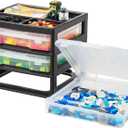 IRIS USA Fits 12" x 12" Paper, 3-Tier Scrapbook Storage Unit with Organizer Top, for Building Blocks Tools Office Art & Craft Supplies, Desktop, 3 Clear Cases w/ Built in Handle - Black/Clear