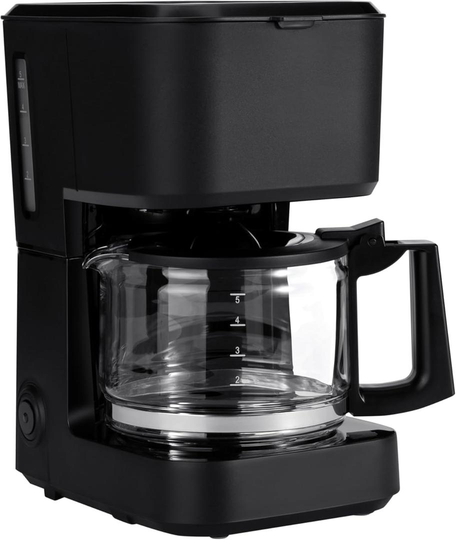 Basics 5 Cup Drip Coffee Maker with Glass Coffee Pot (0.8 Qt), Auto Shutoff, Auto Pause, Removable Filter Basket, Matte Black