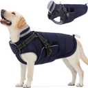 Queenmore Winter Dog Jackets for Extra Large Dogs with Harness Built-in, Waterproof Puffer Coat for Large Breed, Pet Snow Jacket for Winter/Cold Weather - Fleece Easy On Reflective, Navy XL