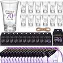 Pickmesh 50 Sets Black Purple Birthday Party Favors for Guests Souvenir Multicolor 70 Years Old Gift Bulk Acrylic Clear 1.2oz Shot Glasses with Thank You Cards and Gift Bags