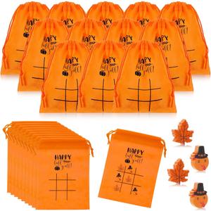Poen 36 Set Thanksgiving Tic Tac Toe Fall Pumpkin Party Include Wooden Maple Turkey Drawstring Bag Activity for Thanksgiving Holiday Party Supplies(Autumn)
