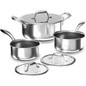 COOKER KING Hybrid Nonstick 6 Pcs Pot Set, 1.5 & 2QT Saucepan and 5-Quart Pots with Glass Lids, Induction Stainless Steel Cookware, Stay-Cool Handles, Dishwasher Safe, Compatible with All Cooktops