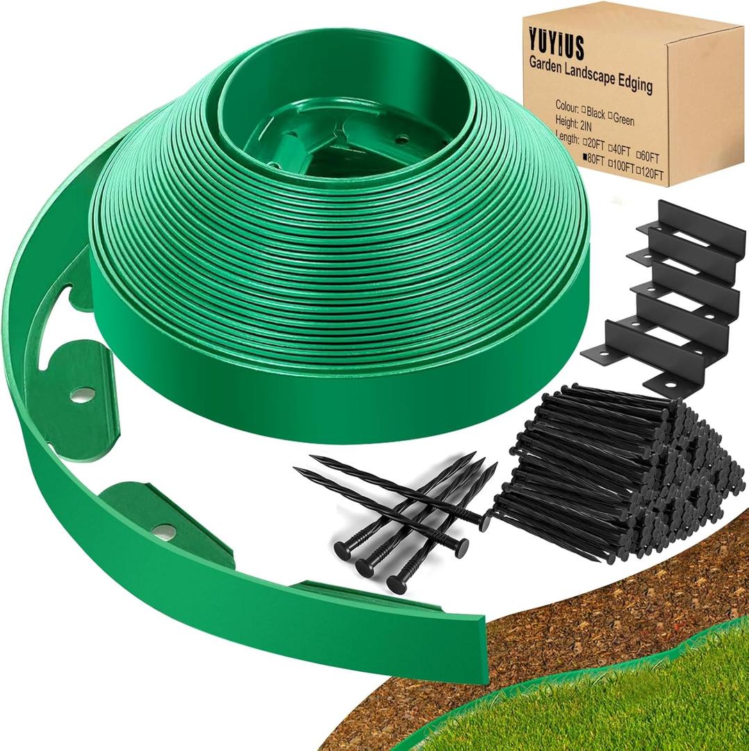 Landscape Edging - Garden Edging Border 80FT 2IN Tall with 120 Stakes, No Dig Lawn Edging for Landscaping for Garden Bed, Yard, 0.15" Thick Flower Bed Border Edging with Connector for Outdoor (GREEN)