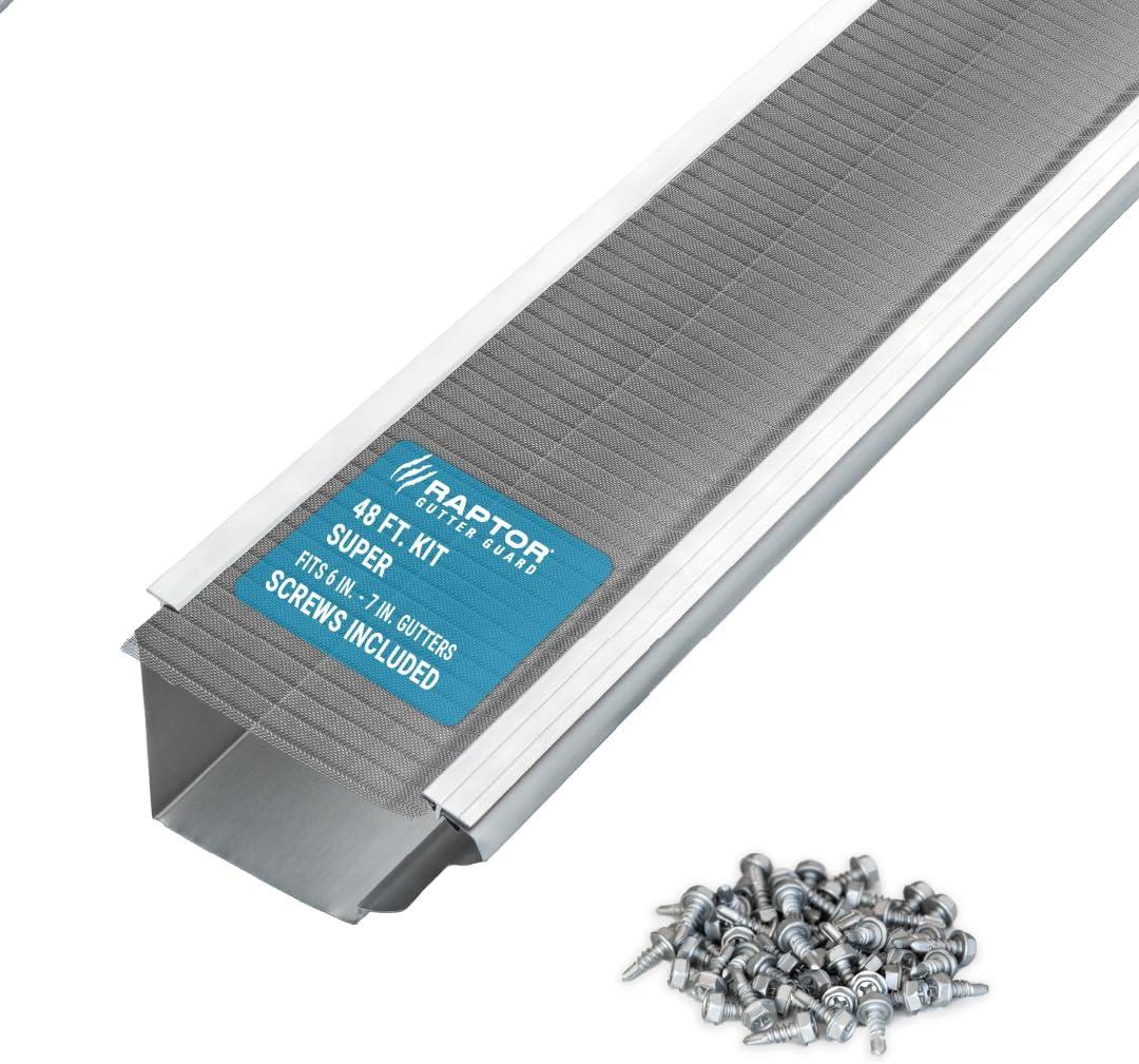 RAPTOR GUTTER GUARD 48 FT. (Nominal) Contractor Grade Stainless Steel Micro-Mesh Gutter Guard Kit with Screws Included. Fits 6 in. & 7 in. Gutters. DIY-Friendly. (7.187 in. x 47.625 in.)