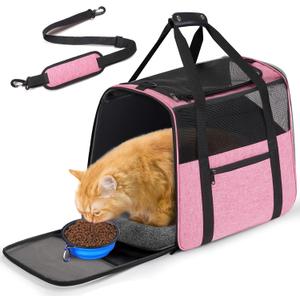 JUNGYOUN Premium Cat Carrier - Pet Carrier for Cat & Small Dogs up to 15lbs - Airline Approved Travel Dog Carrier with Anti-Escape Zippers, Collapsible Travel Bowl & Padded Strap (17.5"L x 12.4"W x 13.5"H, Pink)