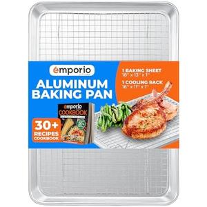 Baking Pan Set - 13" x 18" Aluminum Baking Pan with Stainless Steel Cooling Rack Set, PFOA, PFOS, PTFE Free, Recipe Booklet Included, Oven Safe Tray, Resist Heat Up To 500° F, Set of 2