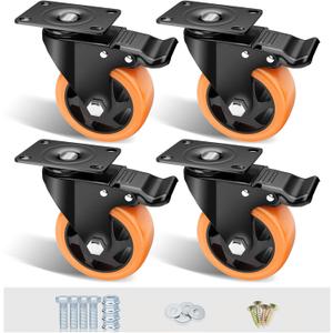 4" Caster Wheels Set of 4, Heavy Duty Casters with Brake, No Noise Locking Casters with Orange Polyurethane (PU) Wheels, Swivel Plate Castors Pack of 4
