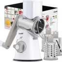 Geedel Rotary Cheese Grater, Kitchen Mandoline Vegetable Slicer with 3 Interchangeable Blades, Easy to Clean Rotary Grater Slicer for Fruit, Vegetables, Nuts (White)