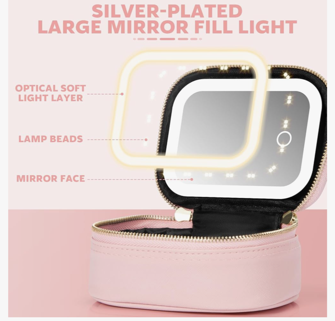 Small Makeup Bag Travel Train Case with Mirror and Light Mini Travel Make up for Women Train Case Cosmetic Organizer 3 Adjustable Brightness Toiletry Bag Portable Artist Storage