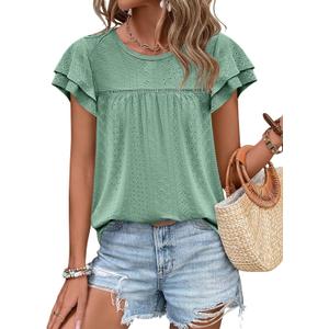Zwurew Womens Summer Tops Crewneck Eyelet Ruffle Sleeve Blouses Casual Babydoll Shirts 2025 (Medium, Green)
