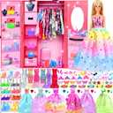 150 Pcs Doll Clothes and Accessories Playset with Dolls for Girls, Princess Gowns, Fashion Dresses, Swimsuits, Tops, Pants, Shoes, Bags Jewelrys in Closet for Doll Dress Up Fit for 11.5" Dolls