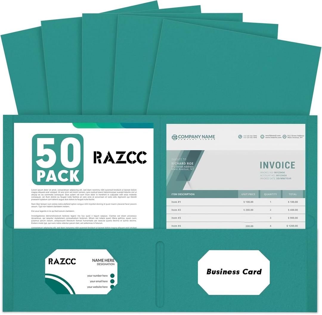 Two Pocket Folders, RAZCC 50 Pack 2 Pocket Folders Fit Letter Size Paper, Paper Folders with Pockets for School Office Business Home, Turquoise Two Pocket Folders, RAZCC 50 Pack 2 Pocket Folders Fit Letter Size Paper, Paper Folders with Pockets for School Office Business Home, Turquoise