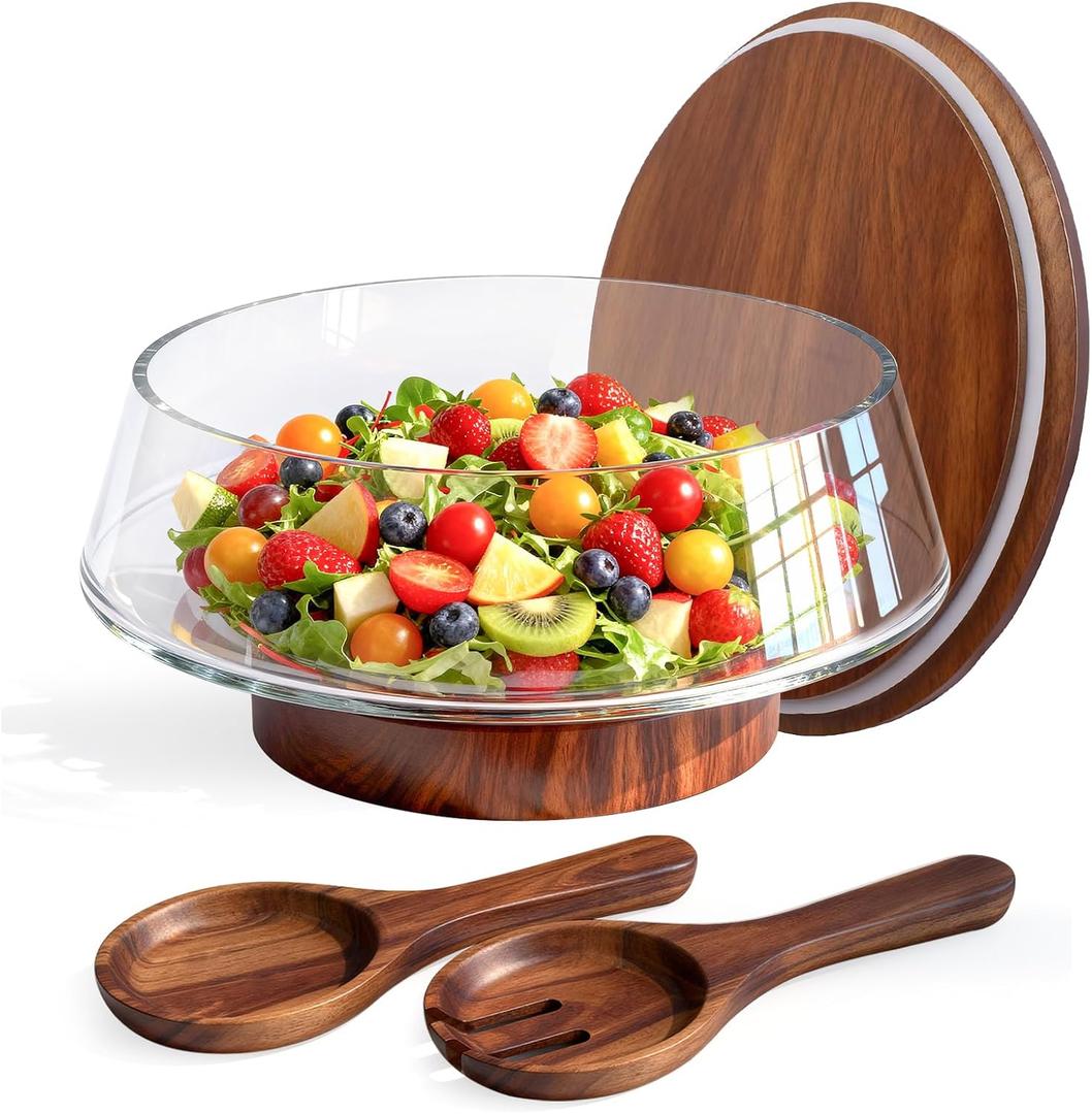 Extra Large Glass Salad Bowl with Lid Set, 5-Qt (160 fl oz) Mixing/Serving Bowl with Wood Base & Salad Servers, Trifle Bowl for Kitchen, Parties & Christmas