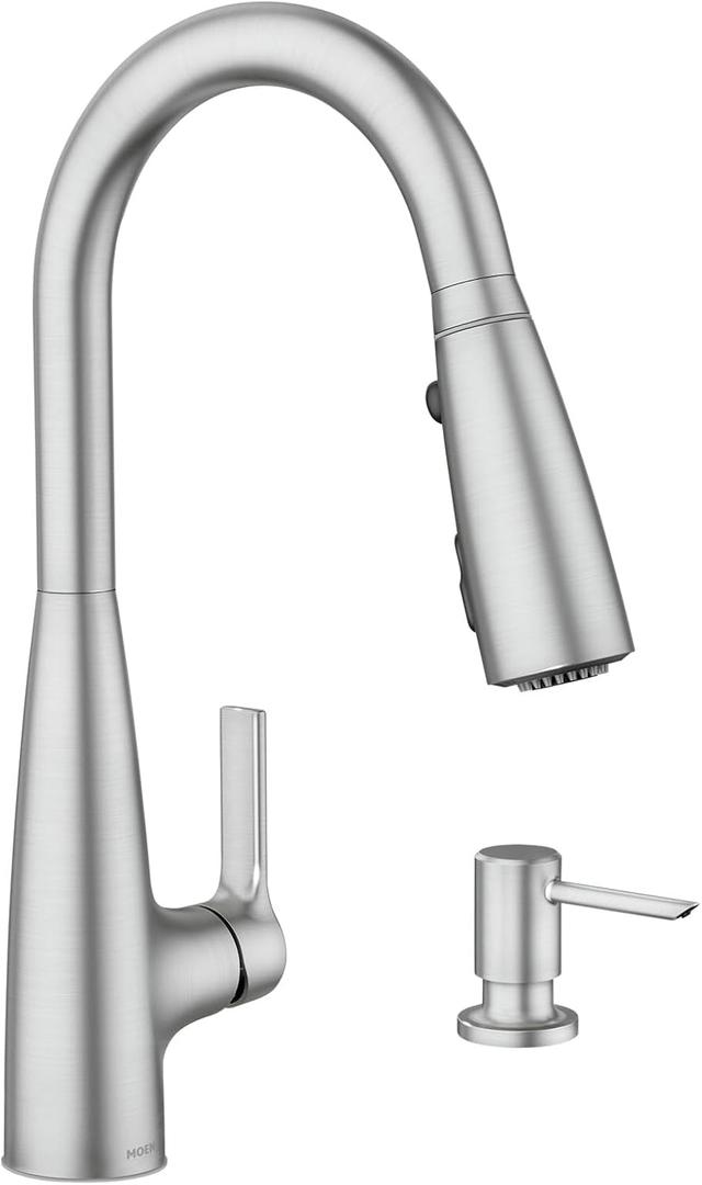 Moen Haelyn Spot Resist Stainless Single-Handle Pull-Down Sprayer Kitchen Faucet with an LED Light ColorCue Temperature Indicator and Soap Dispenser, 87627EISRS