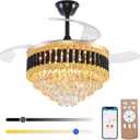 42'' Crystal Ceiling Fan Fandelier with Lights-Low Profile Flush Mount Ceiling Light with Fan, Reversible and Remote Control Black Ceiling Fan Light for Bedroom, Living Room