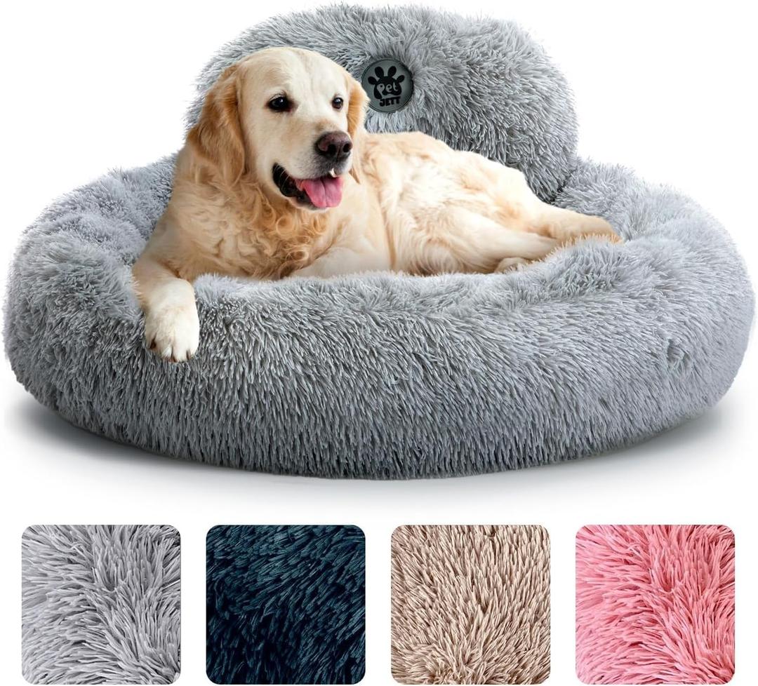 PetJett Calming Dog Beds Large Sized Dog - 36'' Round Bed, Anti-Slip & Washable Super Soft Donut Bed, Fluffy Faux Fur Anti-Anxiety Premium Comfort Pet Bed, Fits Dogs up to 100 lbs - Bright Grey
